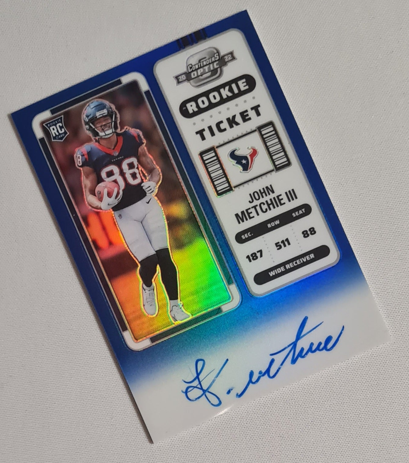 John Metchie III - 2022 Panini Contenders Optic Football Rookie Ticket (RC) #125 Blue Refractor /on card Auto