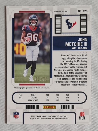 John Metchie III - 2022 Panini Contenders Optic Football Rookie Ticket (RC) #125 Blue Refractor /on card Auto
