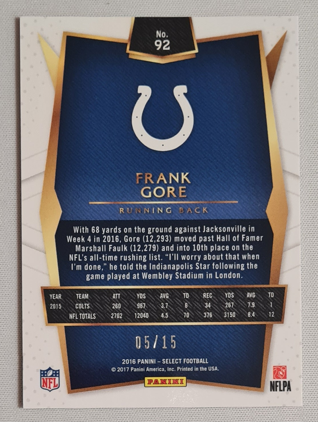 Frank Gore - 2016 Panini Select Football NFL Indianapolis Colts #92 Pink Refractor /15
