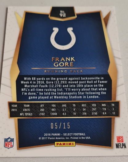 Frank Gore - 2016 Panini Select Football NFL Indianapolis Colts #92 Pink Refractor /15