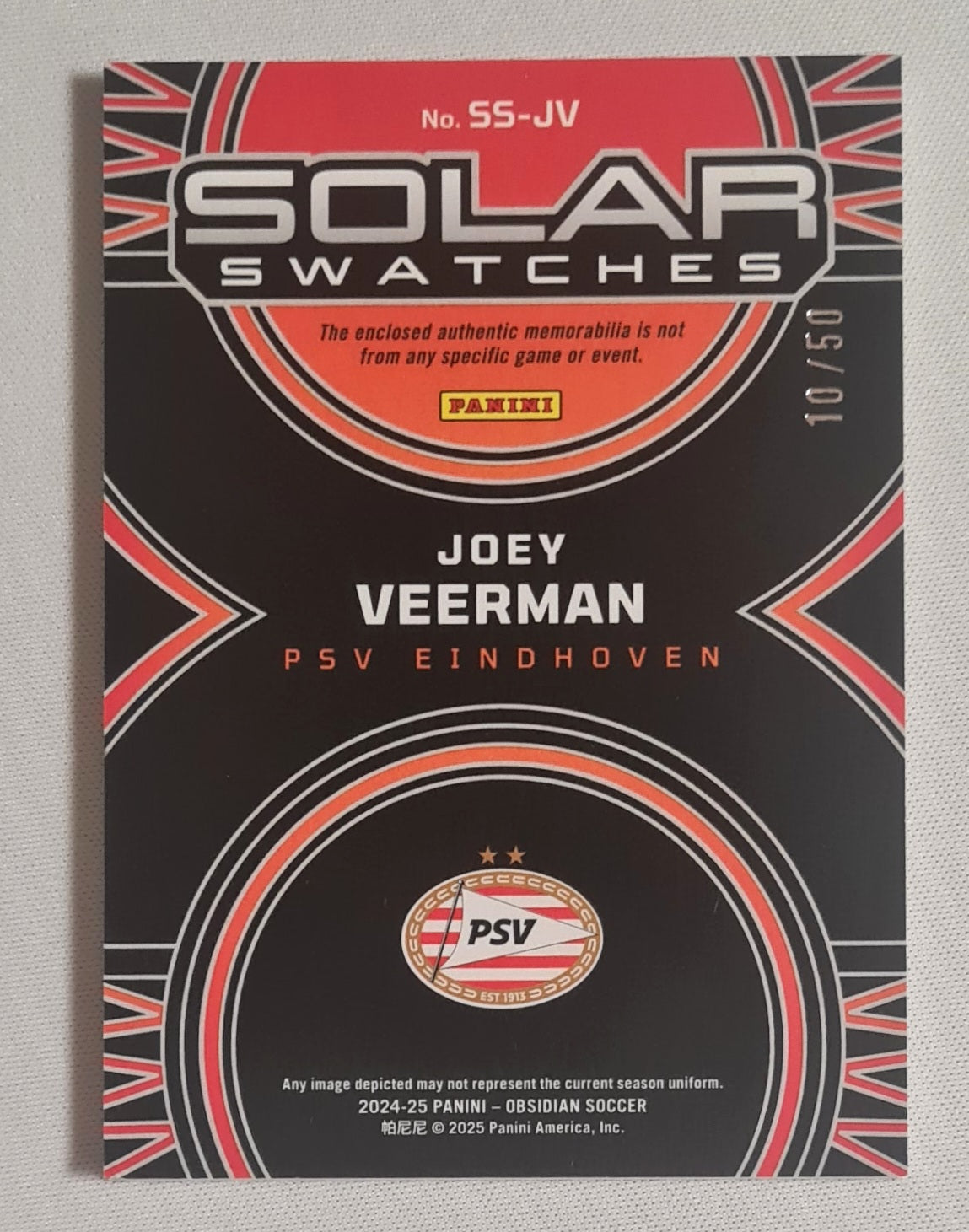 Joey Veerman - 2024/25 Panini Obsidian Soccer Solar Swatches Eindhoven PSV #SS-JV /Patch/ 50
