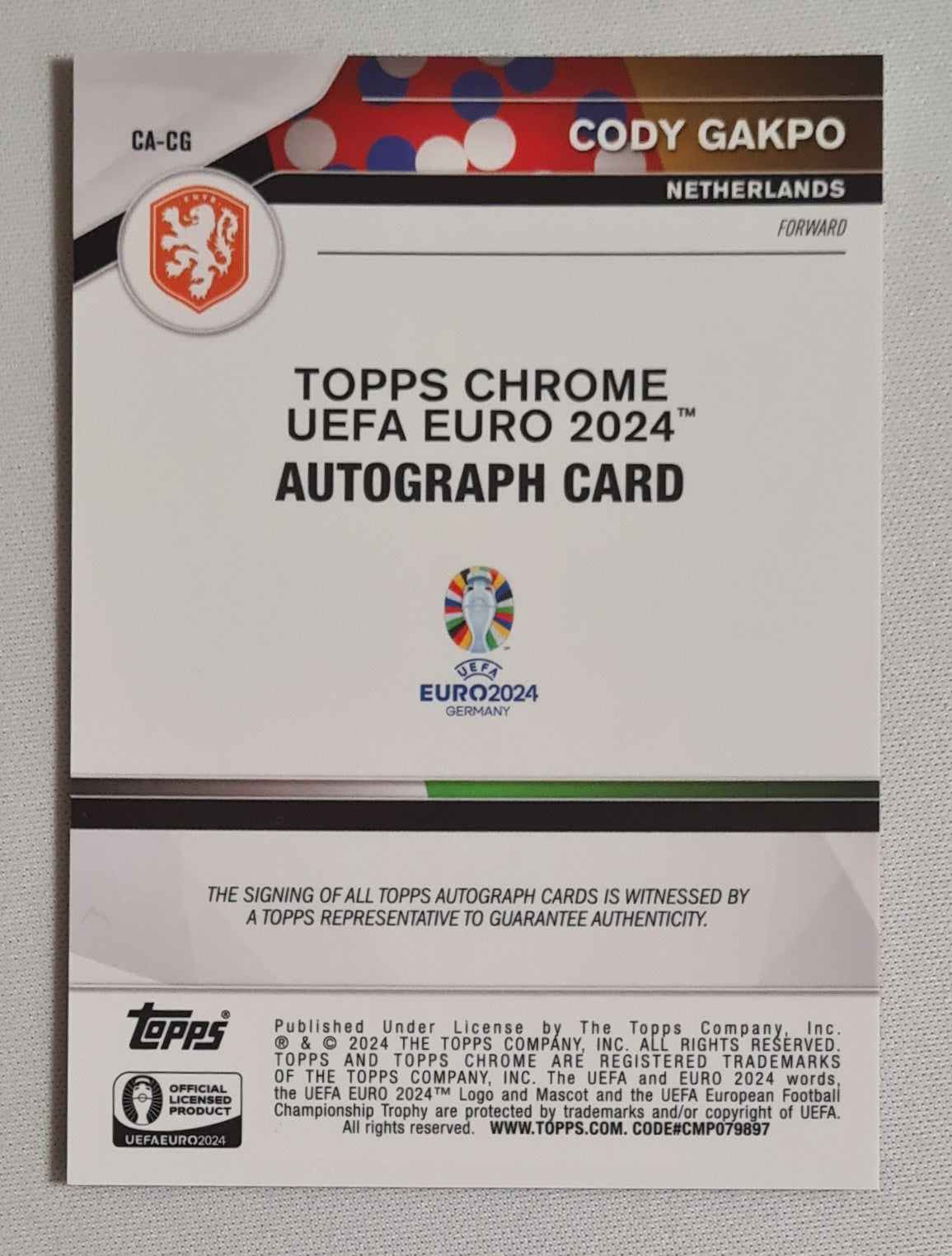 Cody Gakpo - 2024 Topps Chrome UEFA Euro 2024 #CA-CG Refractor /Autograph