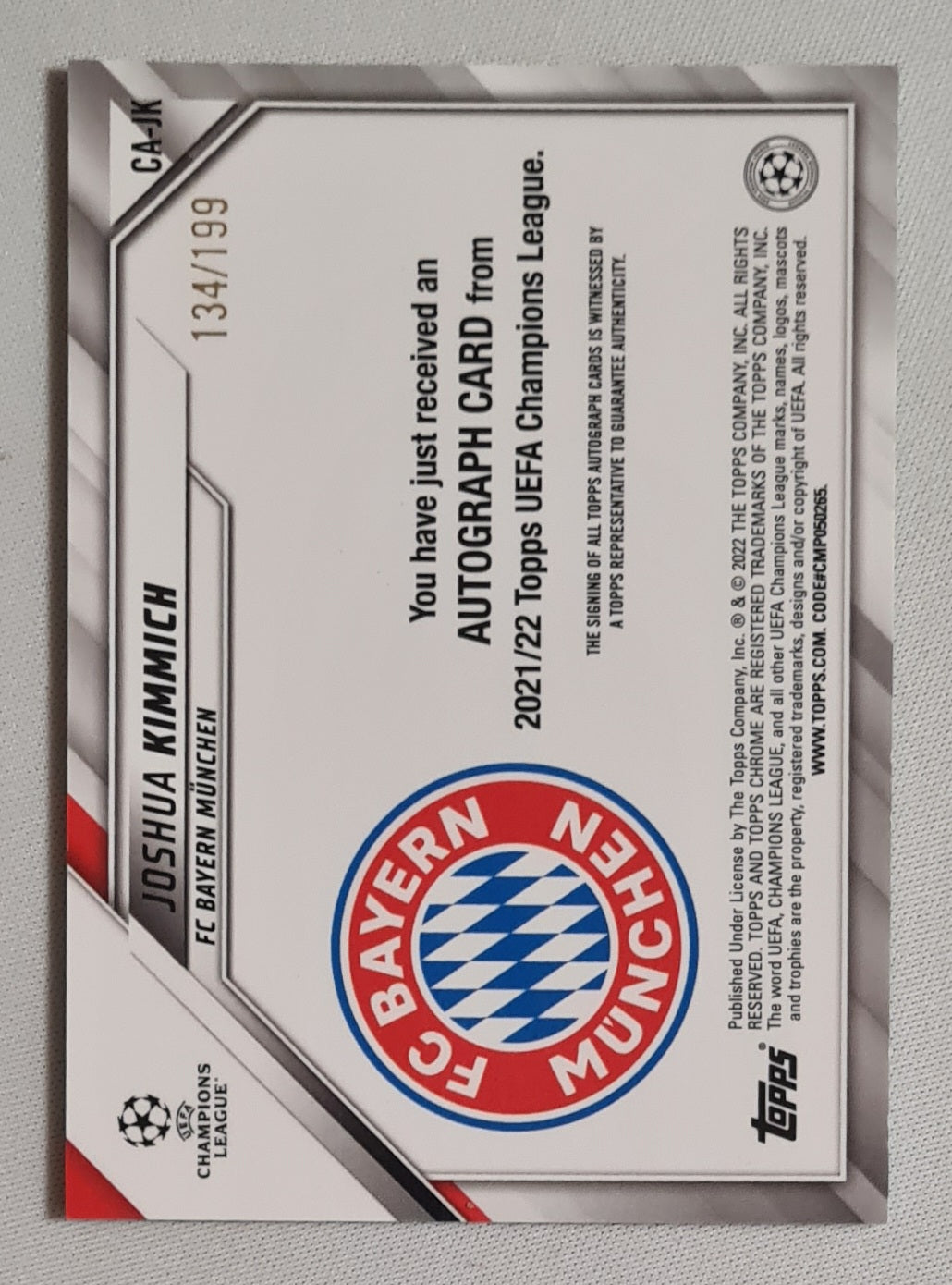 Joshua Kimmich - 2022 Topps Chrome FC Bayern Munchen #CA-JK /199 /Auto
