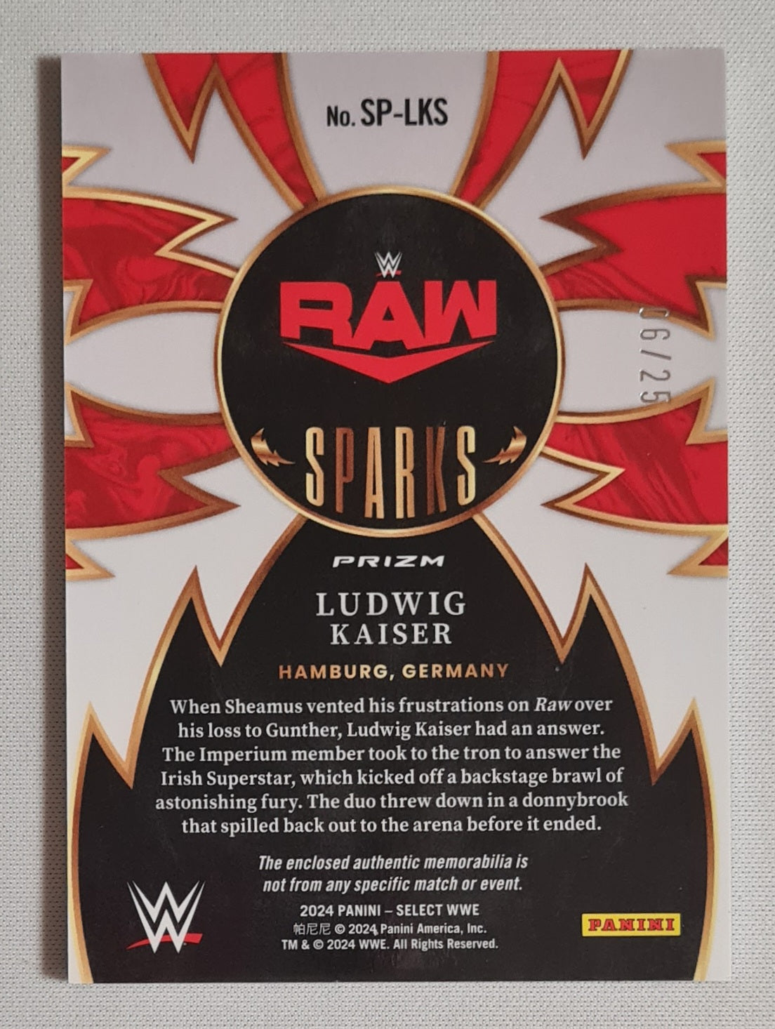 Ludwig Kaiser - 2024 Panini Select WWE Wrestling RAW Sparks #SP-LKS /Patch /25