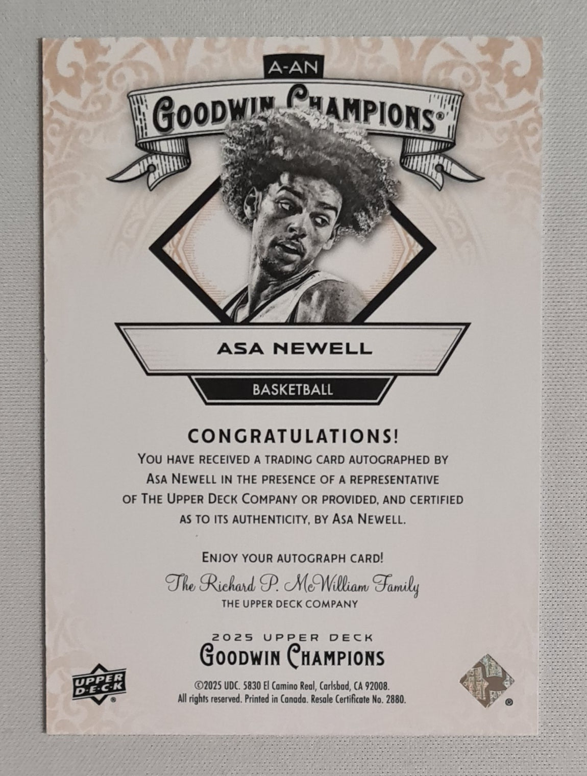 Asa Newell - 2025 Upper Deck Goodwin Champions Basketball #A-AN / on card Auto