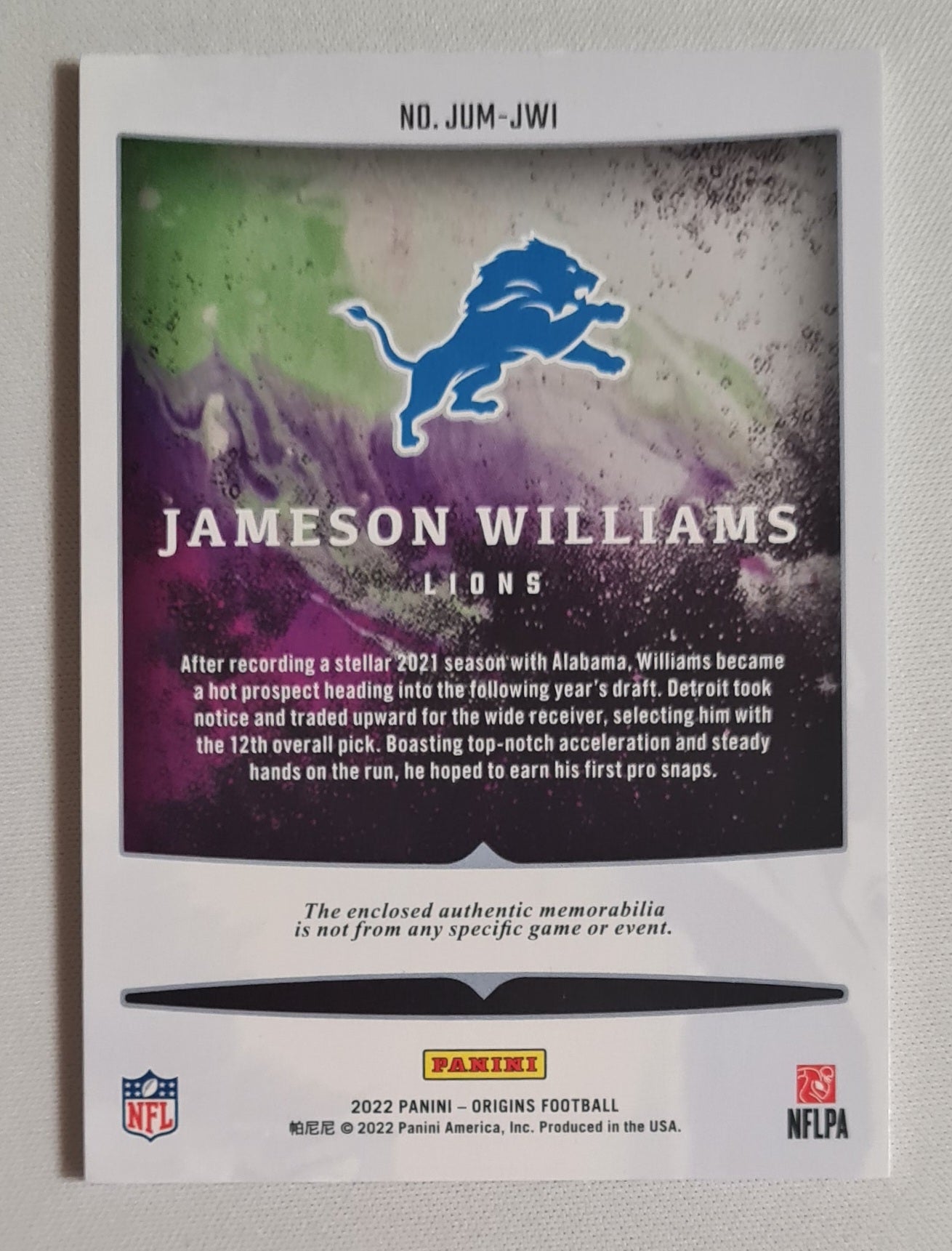 Jameson Williams - 2022 Panini Origins Football NFL Lions (RC) #JUM-JWI / Patch /199