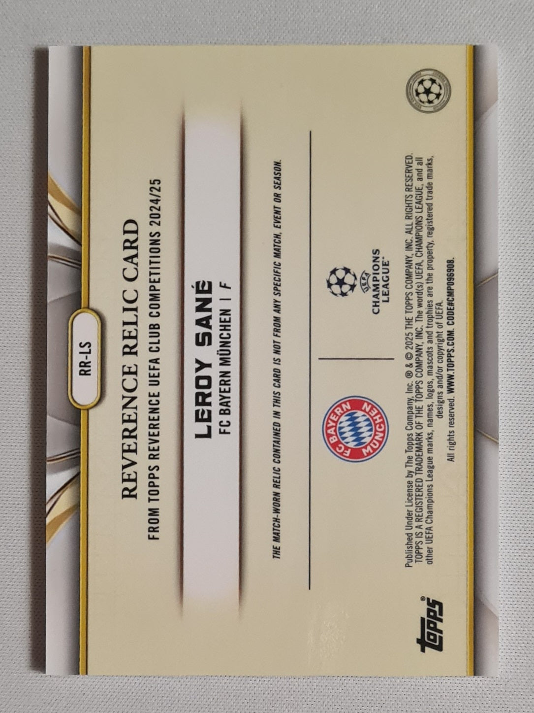 Leroy Sane - 2025 Topps Reverence UEFA Club Competitions FC Bayern Munchen (CL) #RR-LS /Relic Card  /10