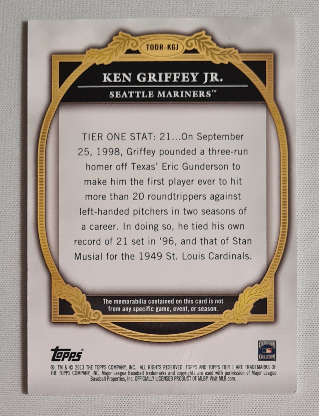 Ken Griffey Jr. - 2013 Topps Baseball MLB Seattle Mariners #TODR-KGJ /Game-used memorabilia /50