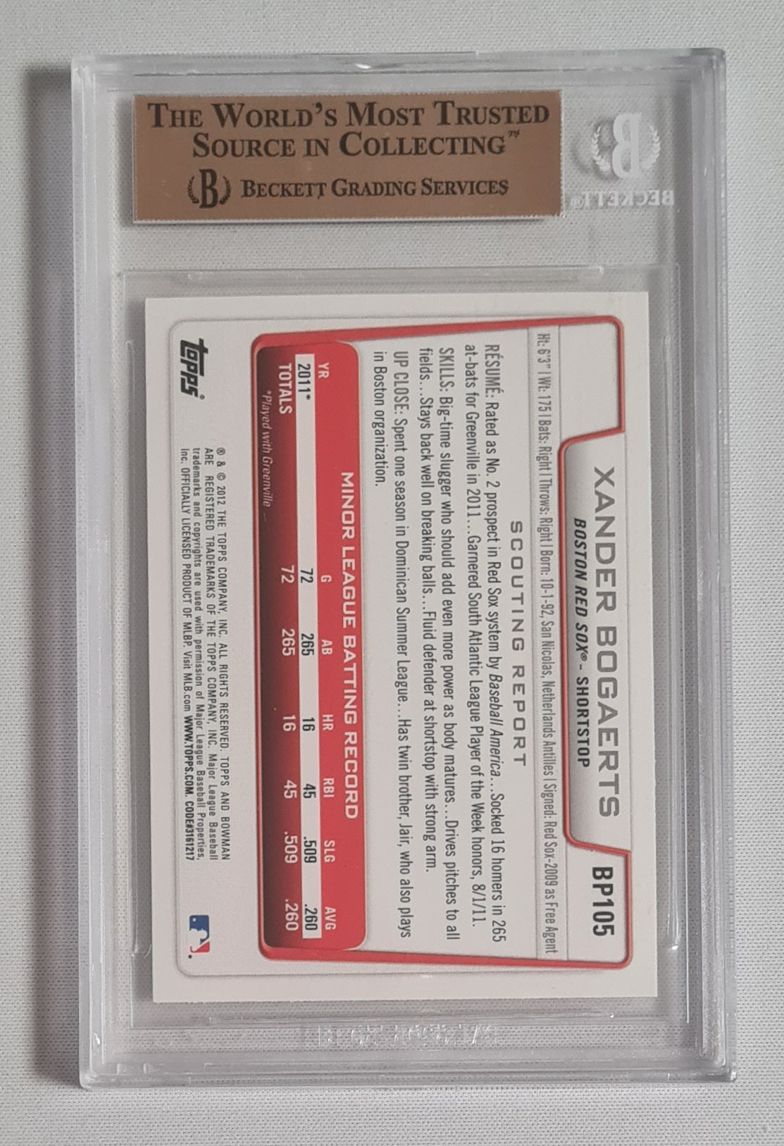 Xander Bogaerts - 2012 Bowman Prospect  MLB Red Sox #BP105 Beckett 9.5 GEM MINT