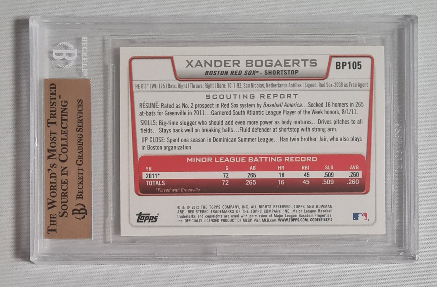 Xander Bogaerts - 2012 Bowman Prospect  MLB Red Sox #BP105 Beckett 9.5 GEM MINT