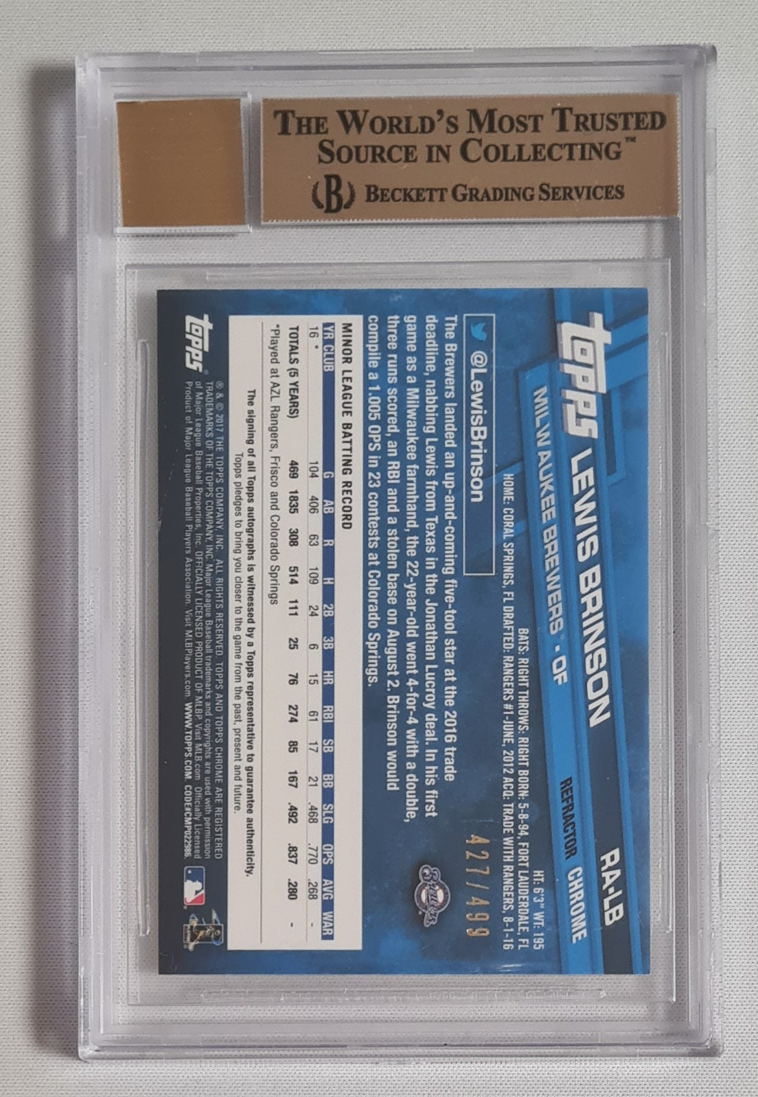 Lewis Brinson - 2017 Topps Chrome Rookie MLB Milwaukee Brewers #RALB /Auto /499 - Beckett 9.5 GEM MINT - AUTO 10