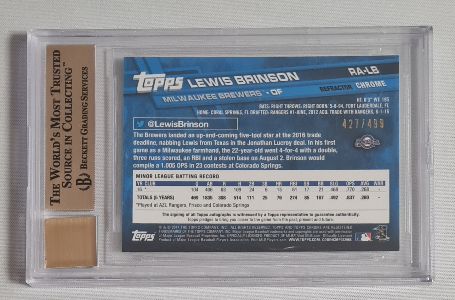 Lewis Brinson - 2017 Topps Chrome Rookie MLB Milwaukee Brewers #RALB /Auto /499 - Beckett 9.5 GEM MINT - AUTO 10