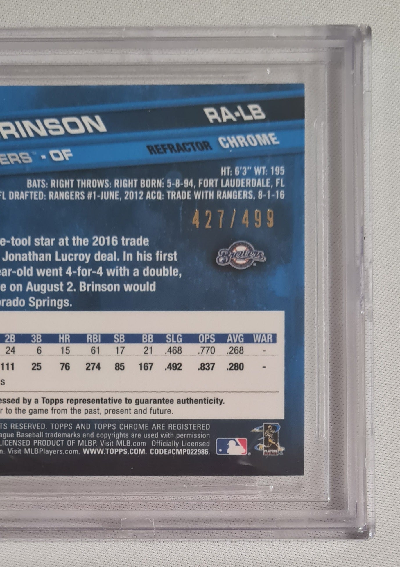 Lewis Brinson - 2017 Topps Chrome Rookie MLB Milwaukee Brewers #RALB /Auto /499 - Beckett 9.5 GEM MINT - AUTO 10