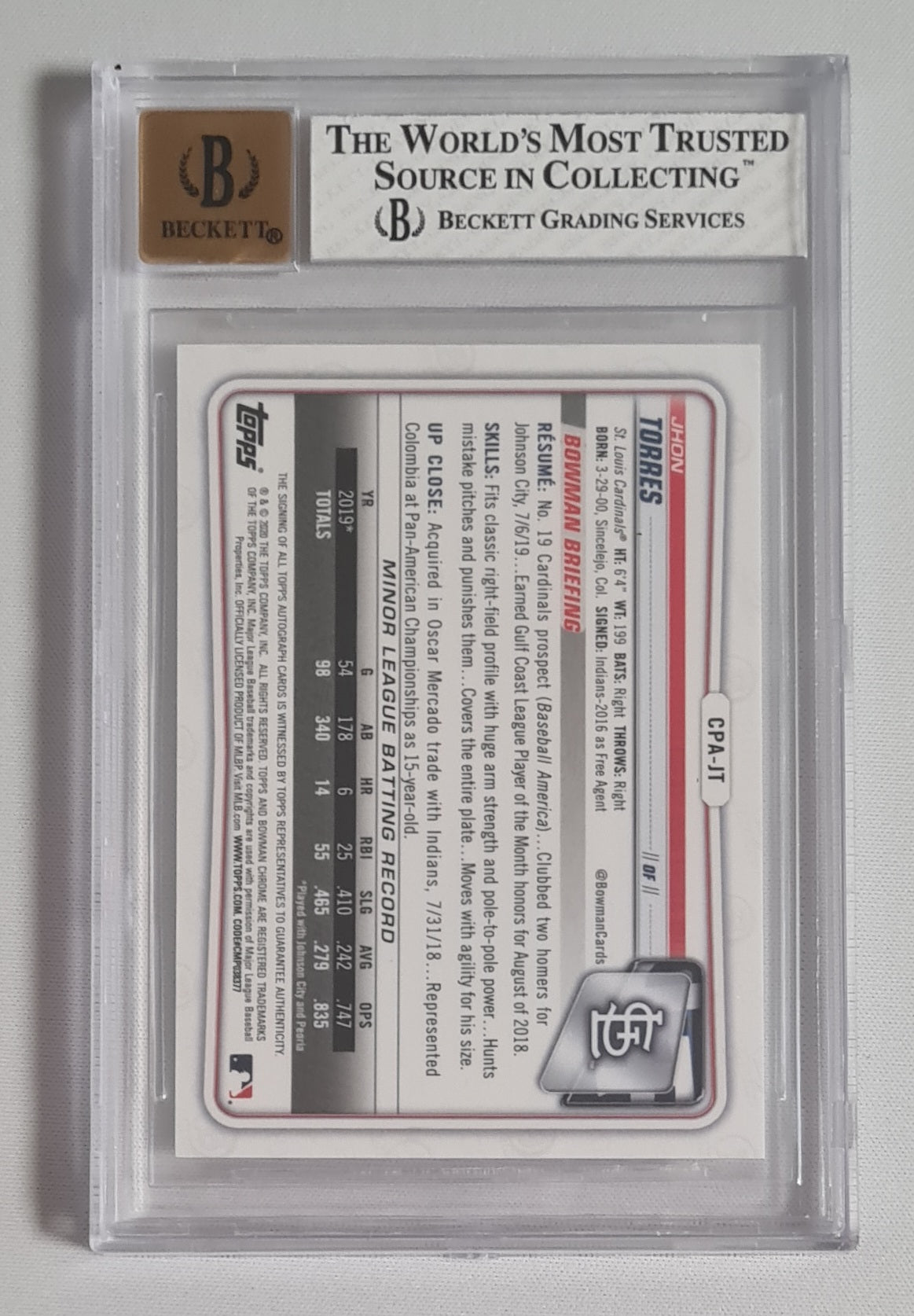 Jhon Torres - 2020 Bowman Chrome Prospect Autos Baseball Cardinals #CPAJT /Auto - Beckett 8 NM  Beckett Autograph 10