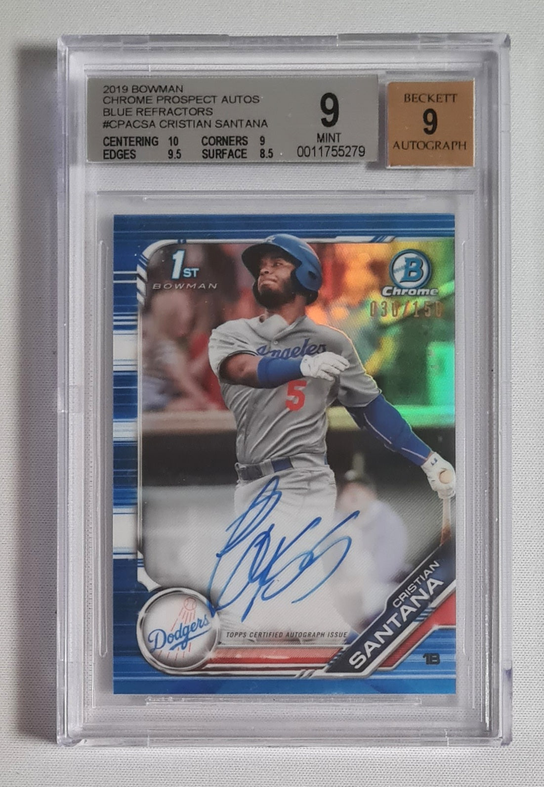 Cristian Santana - 2019 Bowman Chrome Prospect Autos Baseball Dodgers #CPACSA /150 /Auto - Beckett 9 MINT Autograph Beckett 9
