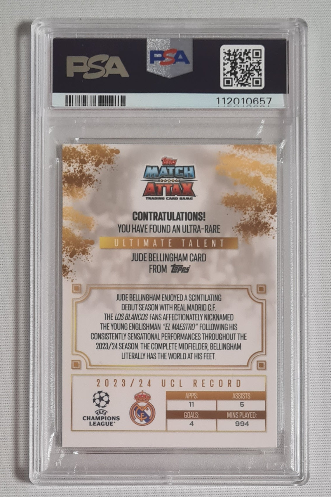 Jude Bellingham - 2024/25 Match Attax UCC Ultimate Talent #UTFJB PSA 8 NM-MT