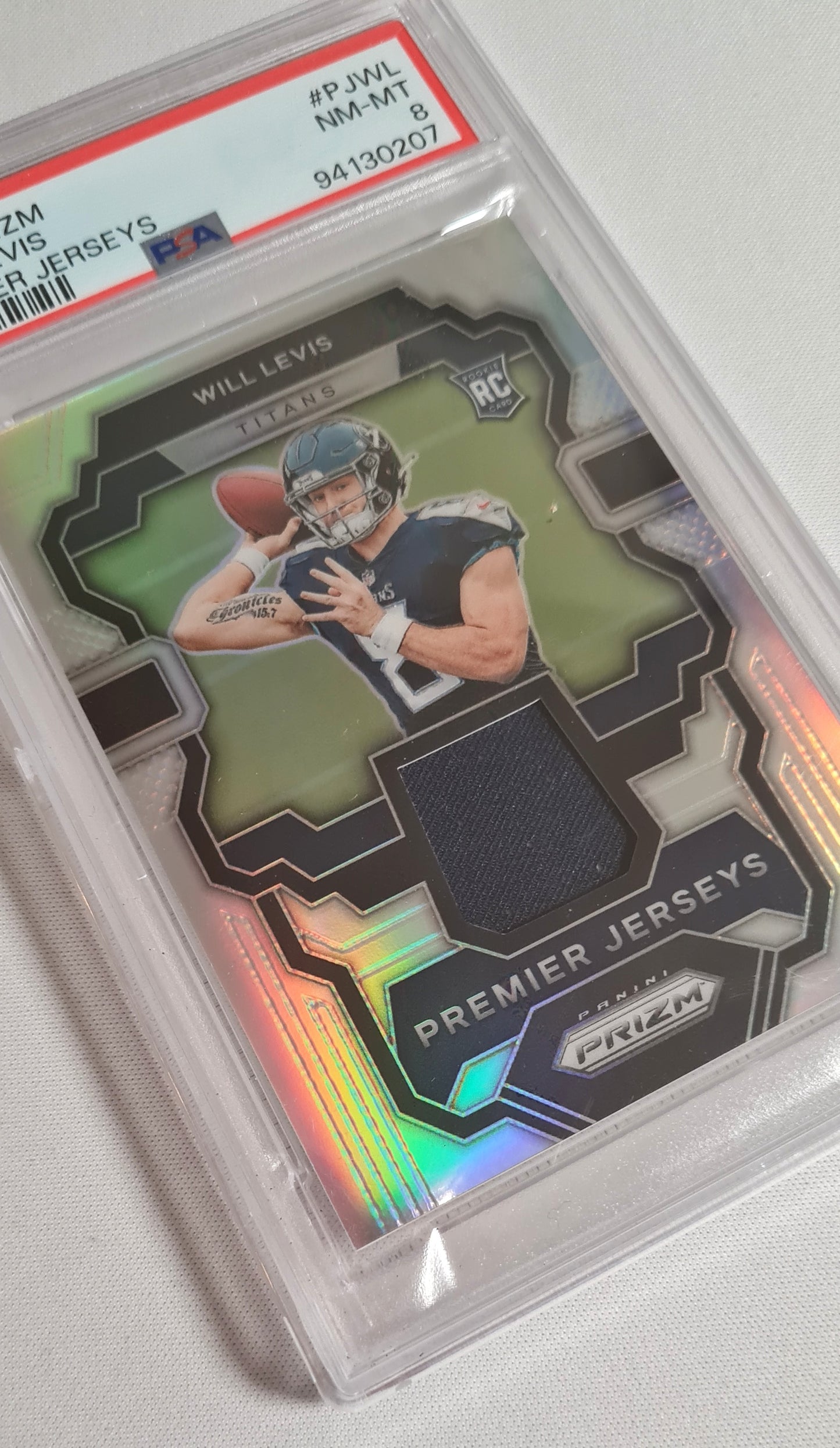 Will Levis - 2023 Prizm Premier Jerseys Tennessee Titans (RC) #PJ-WL /Patch Refractor PSA 8