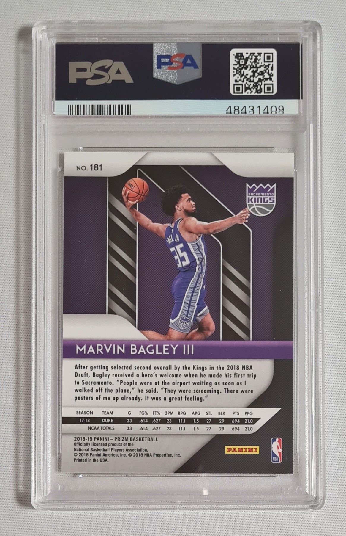 Marvin Bagley III - 2018 Panini Prizm Basketball NBA Sacramento Kings (RC) #181 PSA 9