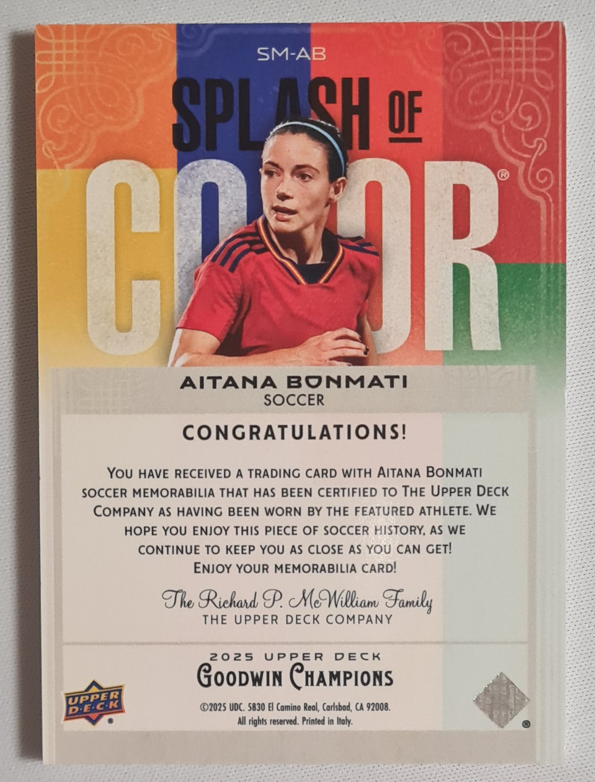 Aitana Bonmati - 2025 Upper Deck Goodwin Champions - Splash of Color - #SM-AB Soccer Player worn Memorabilia