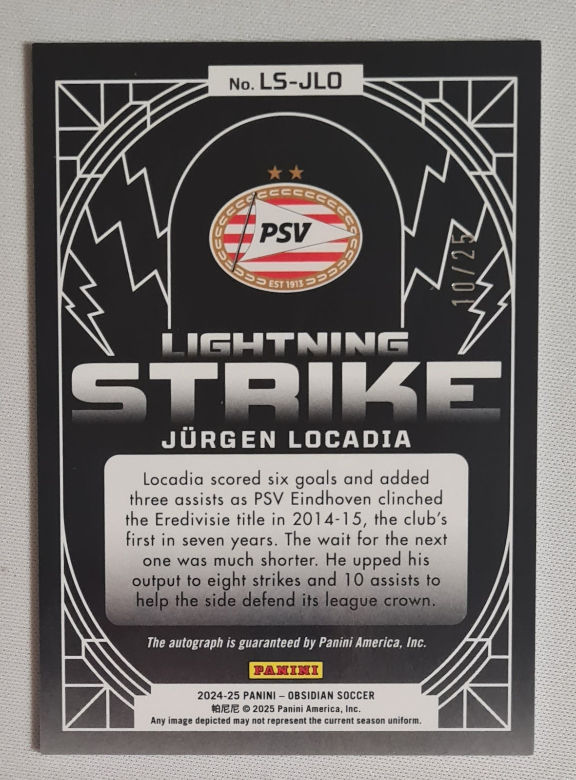 Jurgen Locadia - 2024/25 panini Obsidian Soccer Lightning Strike PSV Eindhoven #LS-JLO /25 /Auto