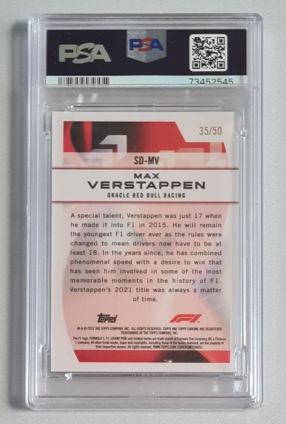 Max Verstappen - 2022 Topps Chrome F1 Speed Demons #SDMV Gold Wave Refractor PSA 9 MINT