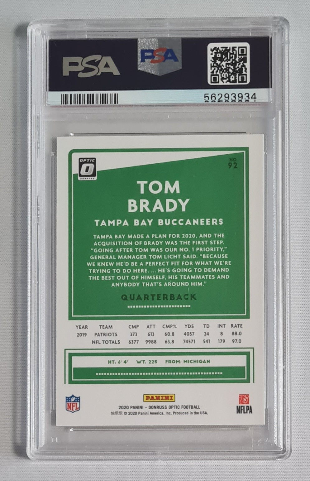 Tom Brady - 2020 Panini Donruss Optic NFL Football Buccaneers #92 PSA 9 MINT