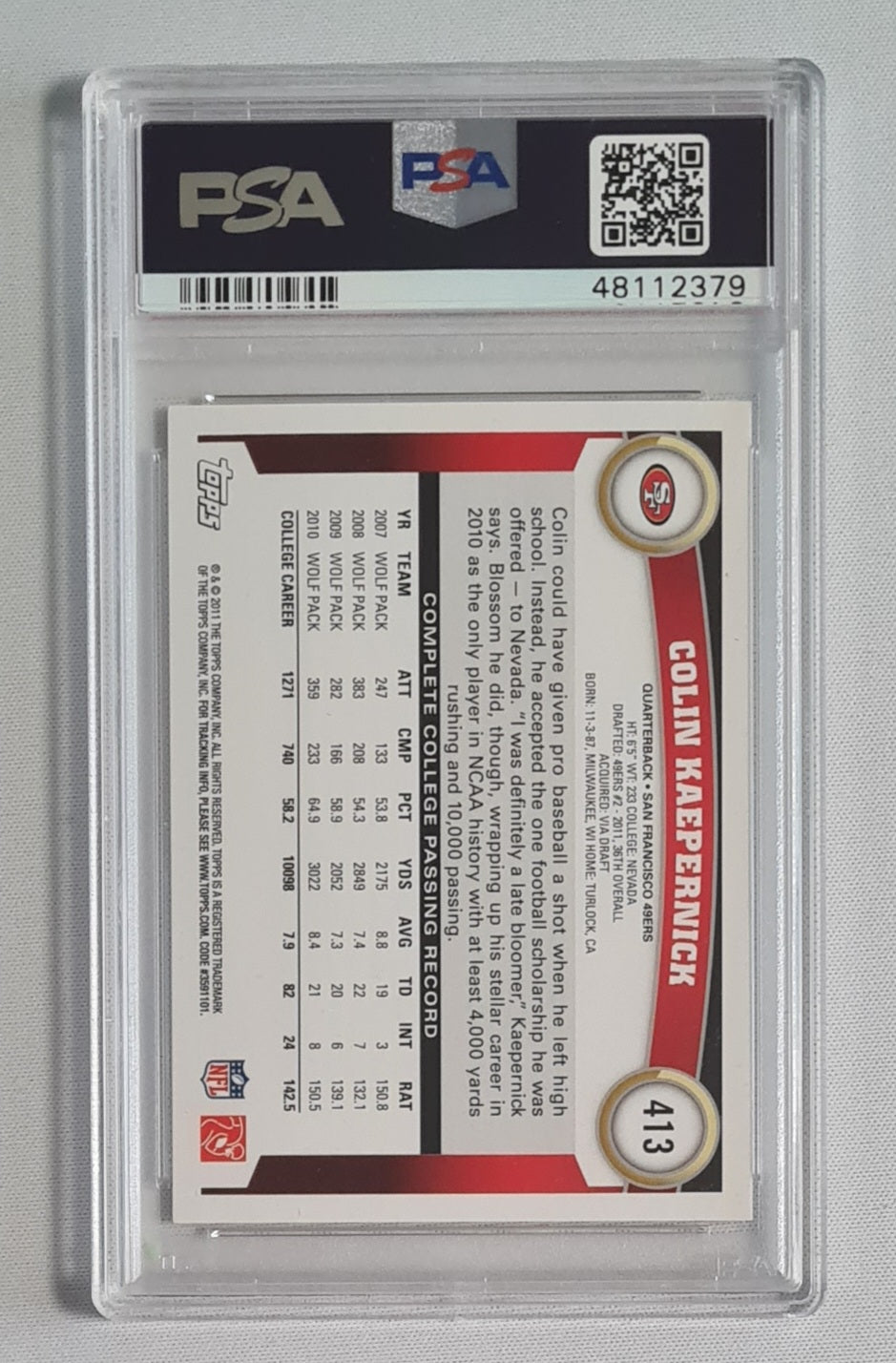 Colin Kaepernick - 2011 Topps PassingNFL Football 49ers (RC) #413 PSA 9 MINT