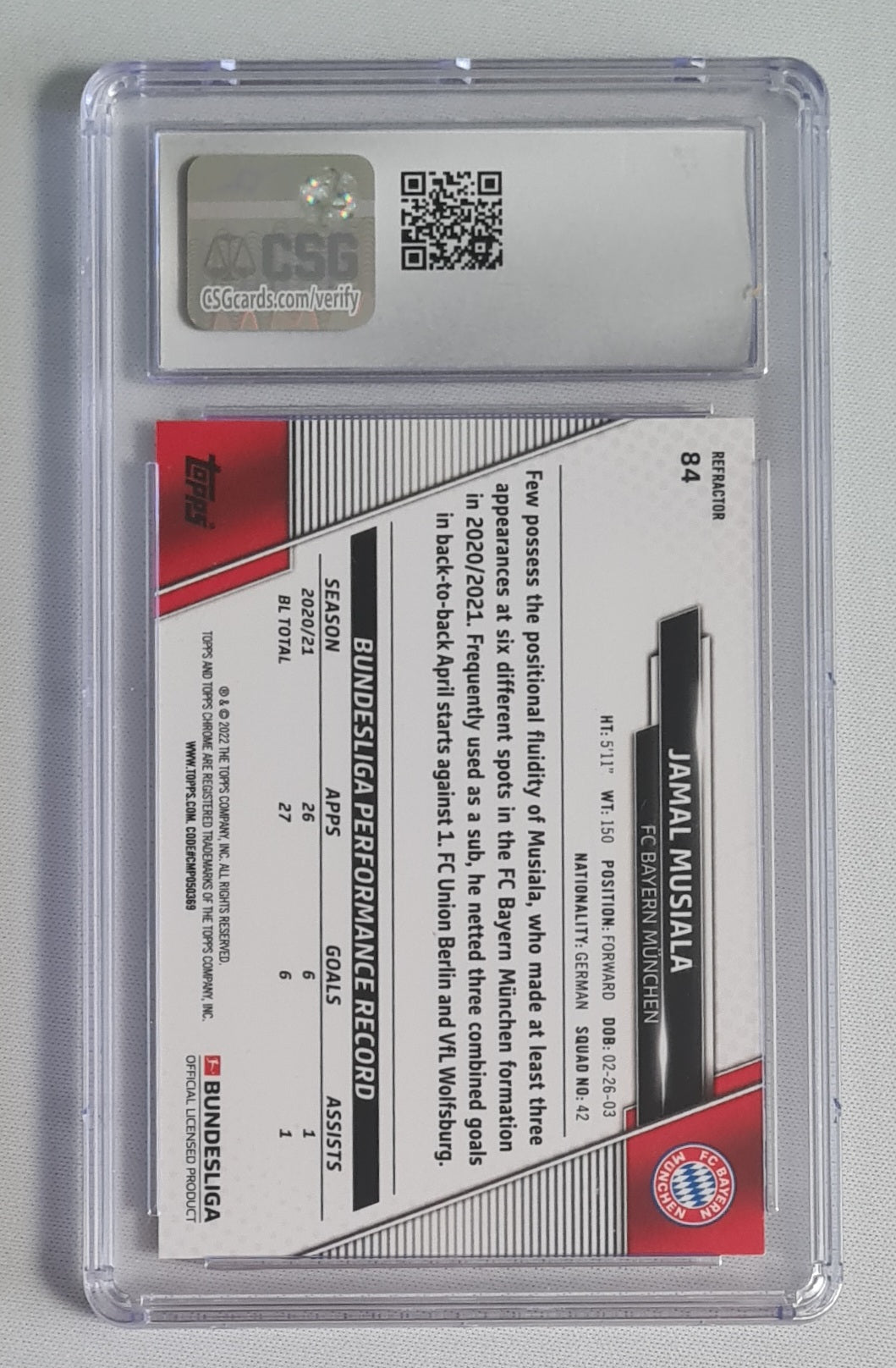 Jamal Musiala - 2021 Topps Chrome Bundesliga #84 Refractor CSG10 GEM MINT
