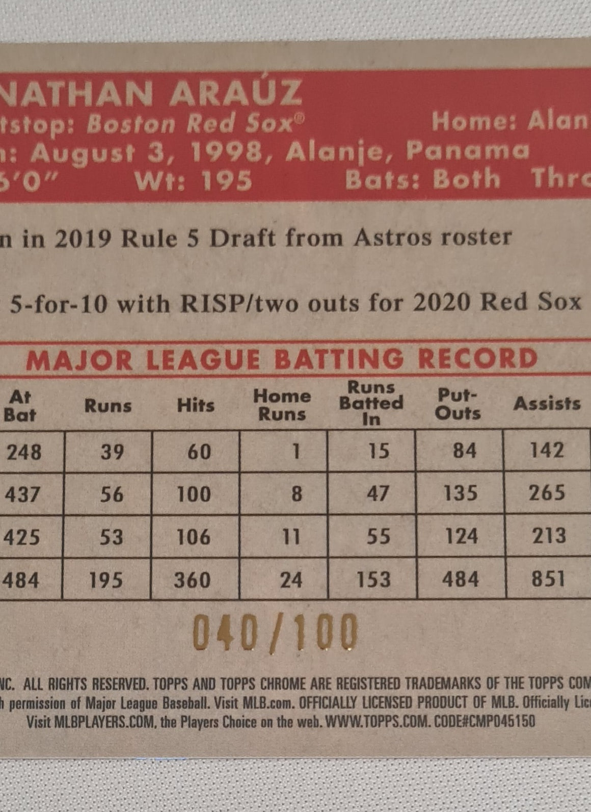 Jonathan Arauz - 2021 Topps Chrome MLB Red Sox (RC) #130 Red Cracked Ice /100 /Autograph