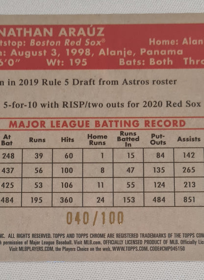 Jonathan Arauz - 2021 Topps Chrome MLB Red Sox (RC) #130 Red Cracked Ice /100 /Autograph