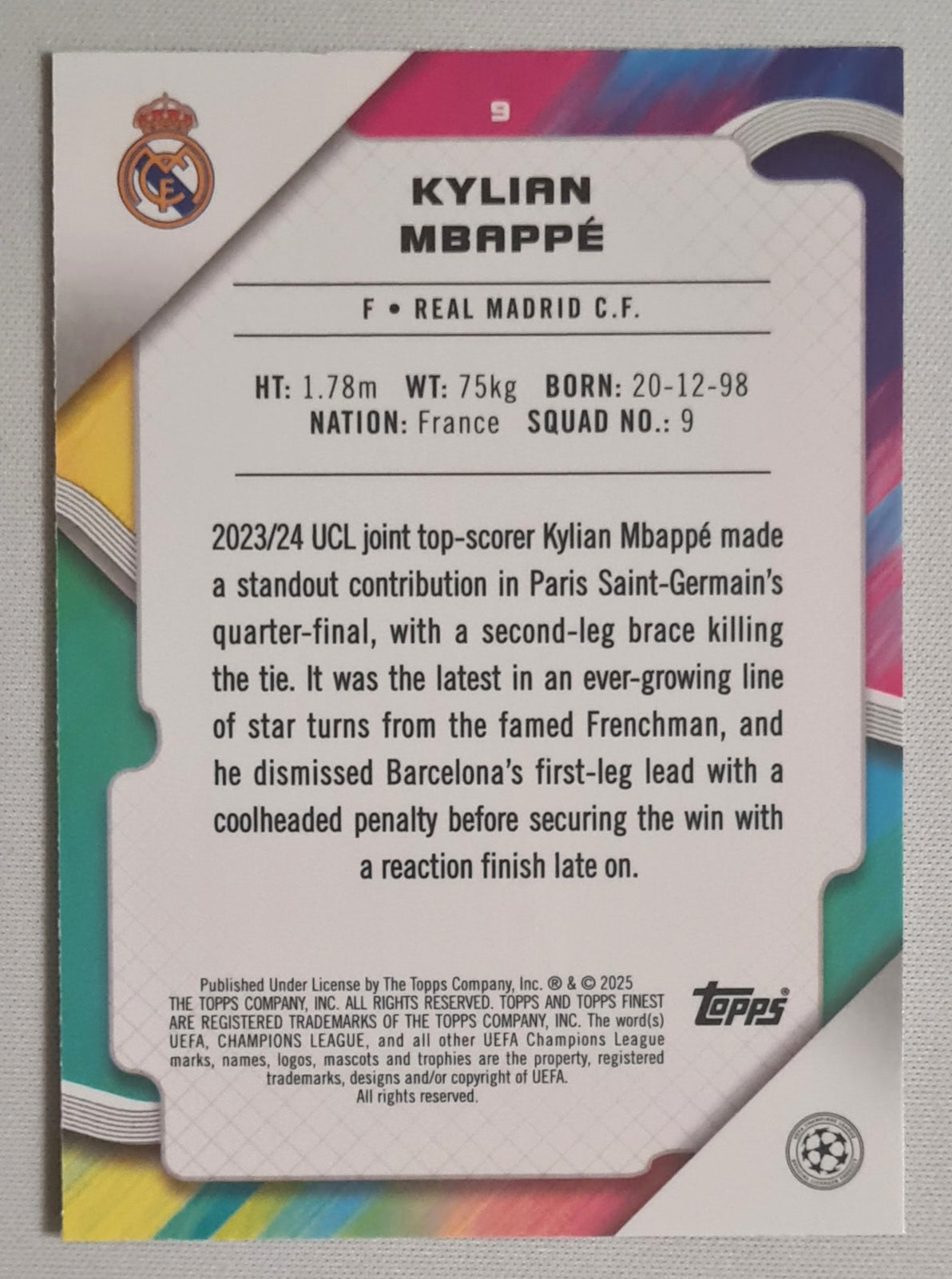 Kylian Mbappe - 2025 Topps Finest Real Madrid C.F. (CL) #9 /299