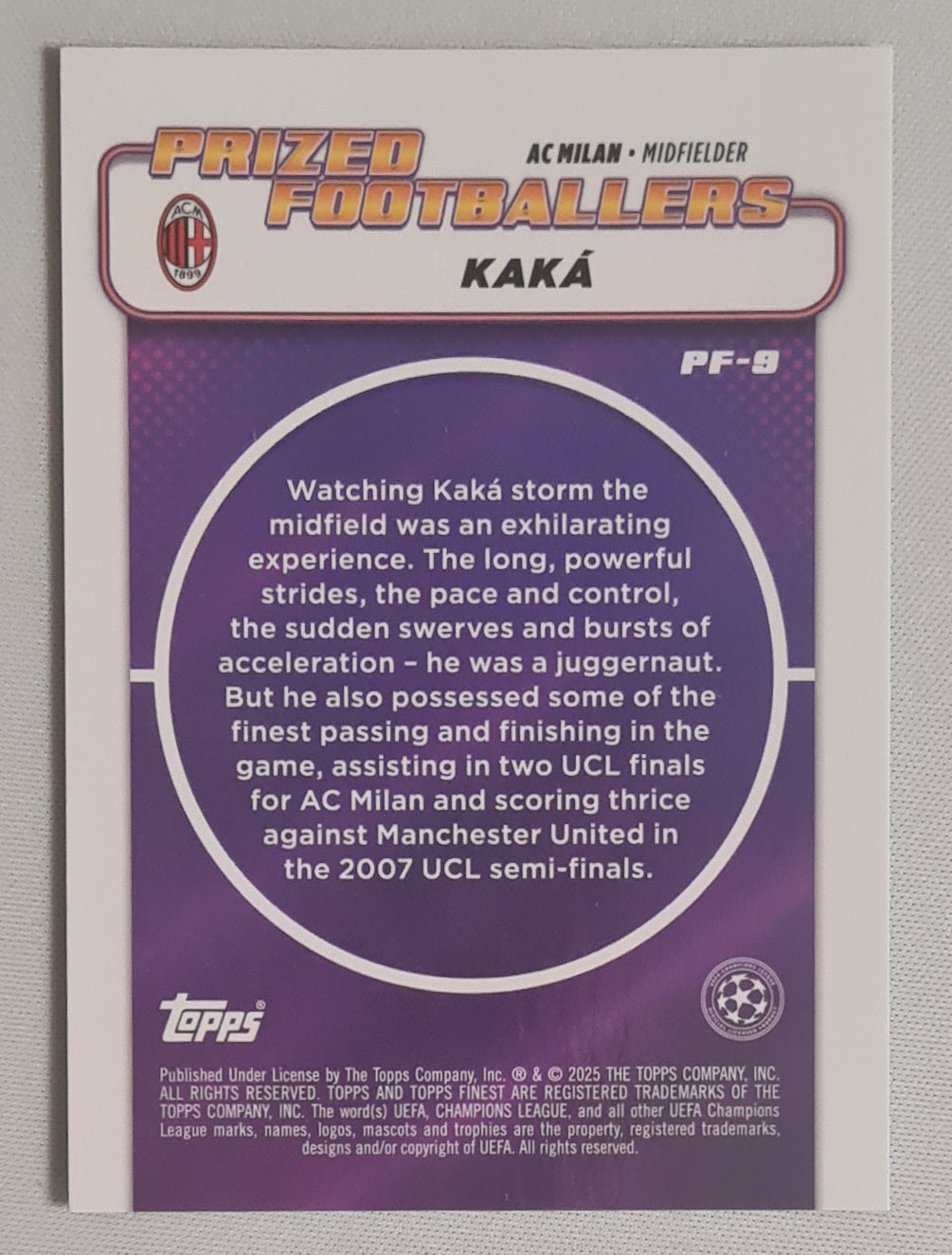 Kaka - 2025 Topps Finest Prized Footballers AC Milan (CL) #PF-9 /99