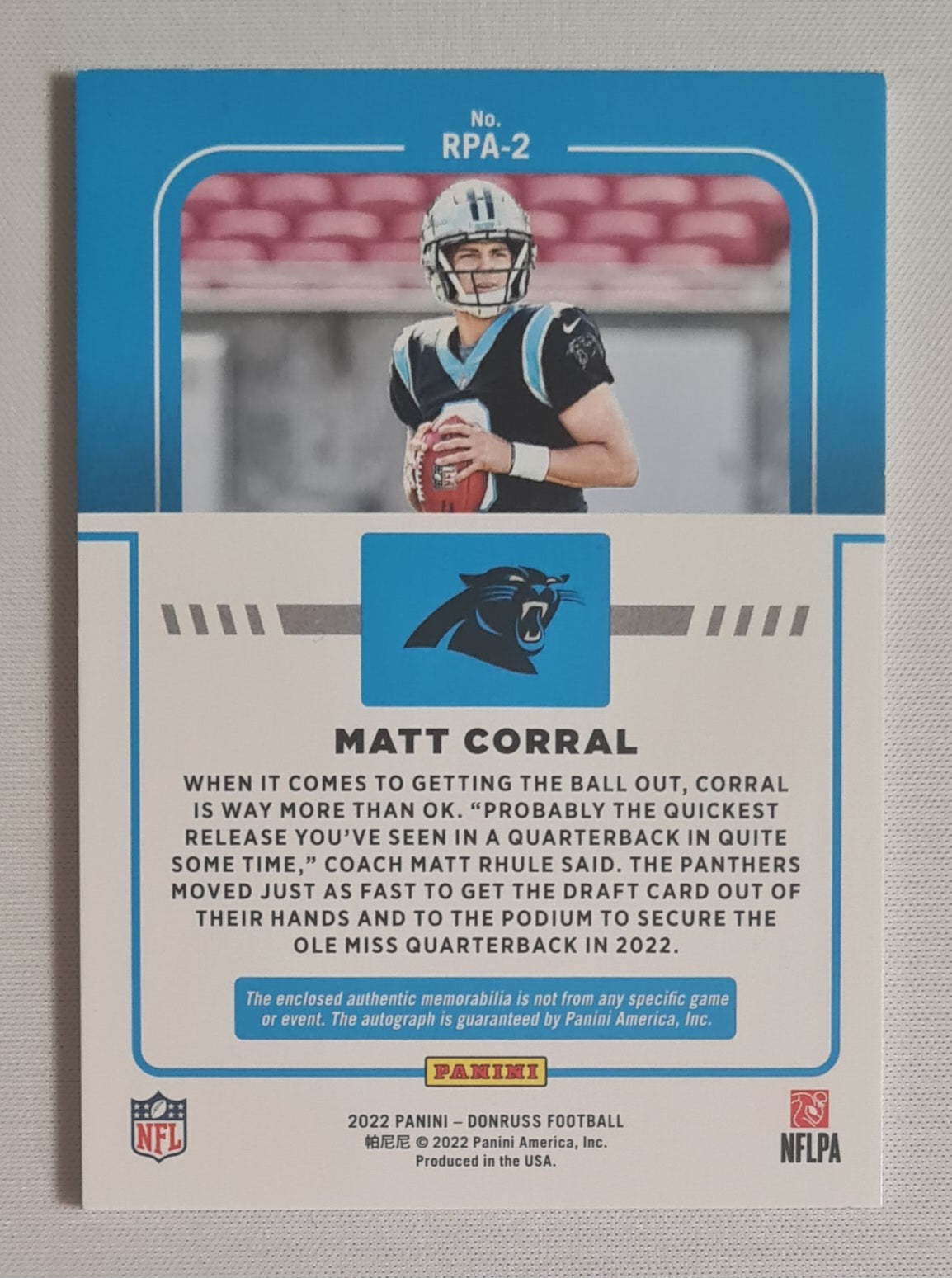 Matt Corral - 2022 Panini Donruss Football NFL Panthers #RPA-2/ Patch /49 / Auto