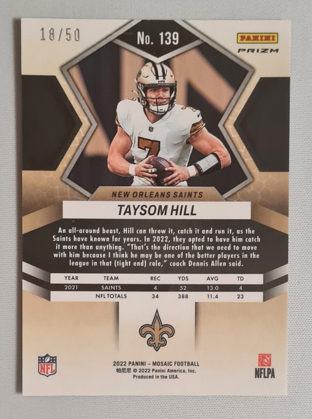 Taysom Hill - 2022 Panini Mosaic Football NFL New Orleans Saints #139 /50 Pink Disco
