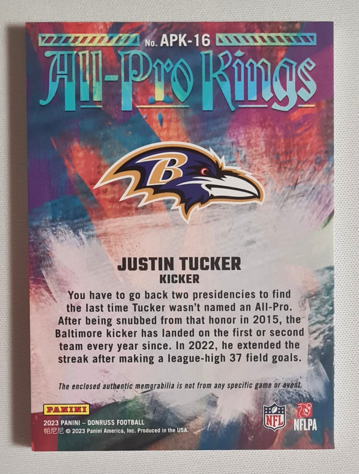 Justin Tucker - 2023 Panini Donruss Football NFL Baltimore Ravens All Pro Kings #APK-16 /100 /Patch