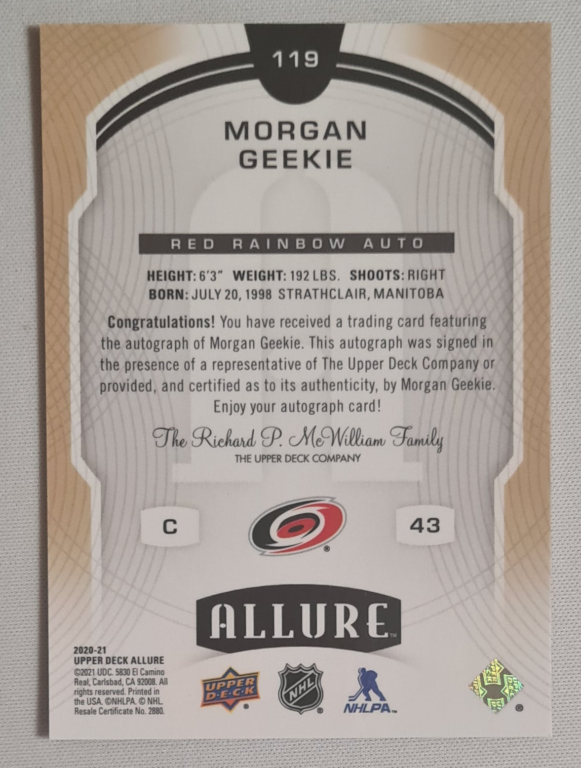 Morgan Geekie - 2020/21 Upper Deck Allure NHL Hurricanes Red Rainbow Auto (RC) #119 /Auto