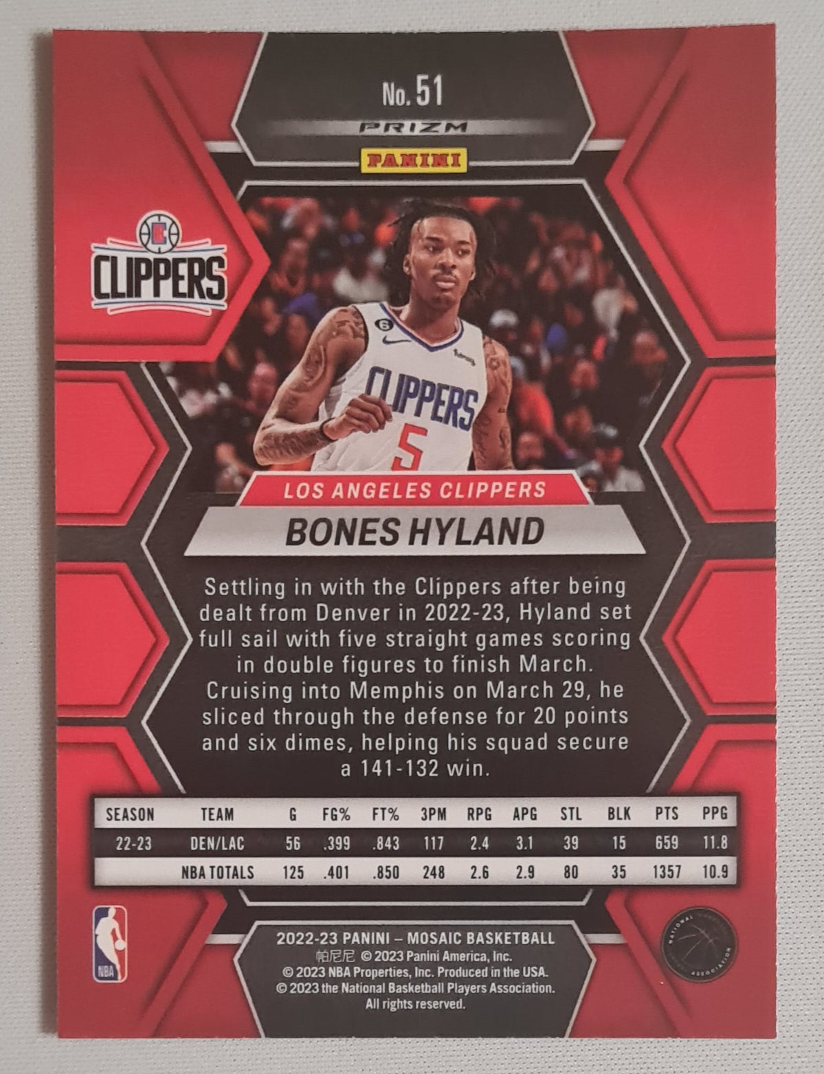 Bones Hyland - 2022/23 Panini Mosaic Basketball NBA L.A. Clippers #51