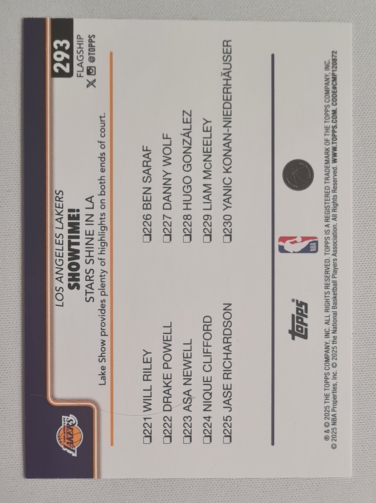 L.A. Lakers - 2025 Topps NBA Los Angeles Lakers - Showtime! - Stars Shine in LA #293 /2025