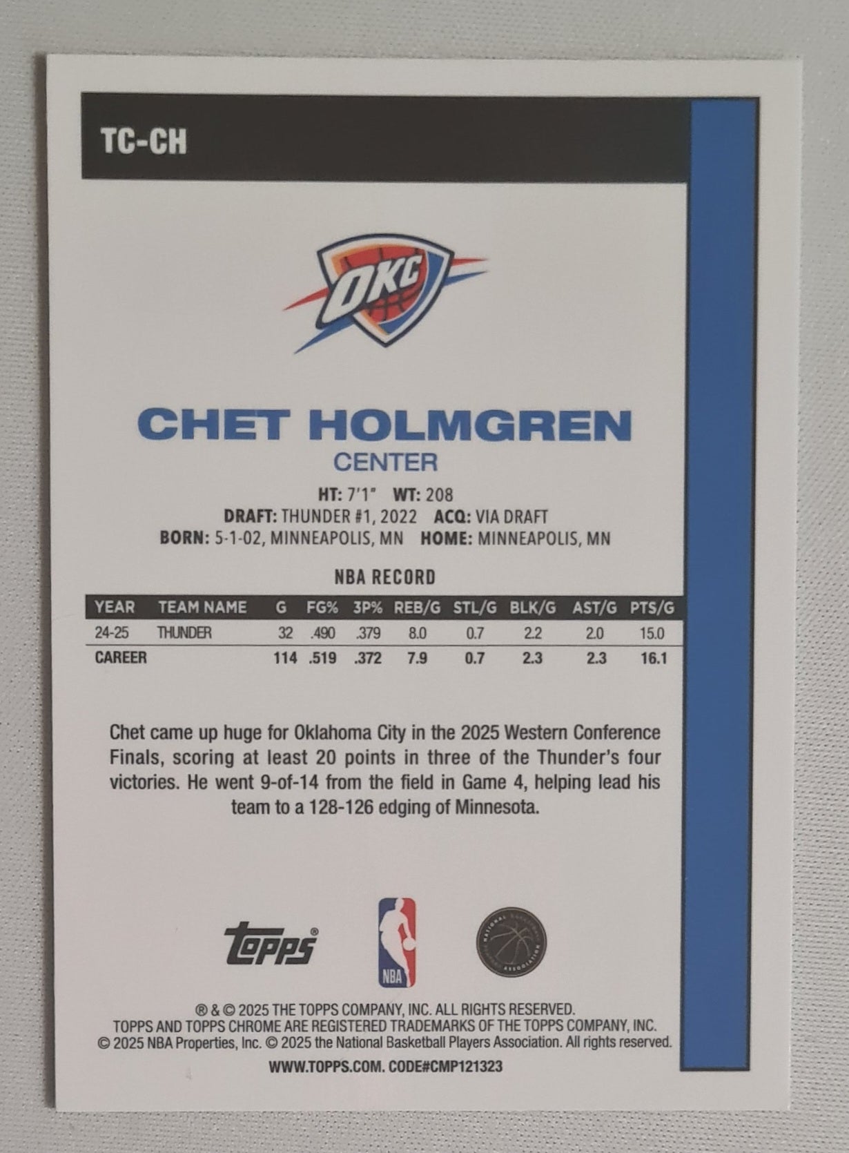 Chet Holmgren - 2025 Topps Chrome NBA Basketball Oklahoma City Thunder #TC-CH Aqua Mojo /199