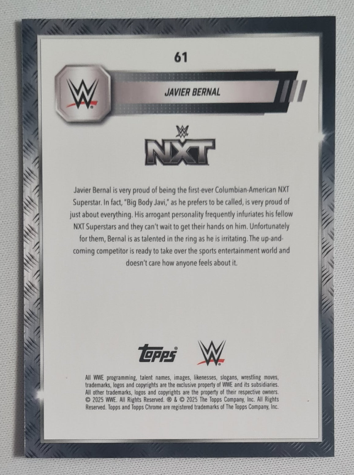 Javier Bernal - 2025 Topps Chrome WWE  NXT Wrestling #61 Blue Laser Refractor /150