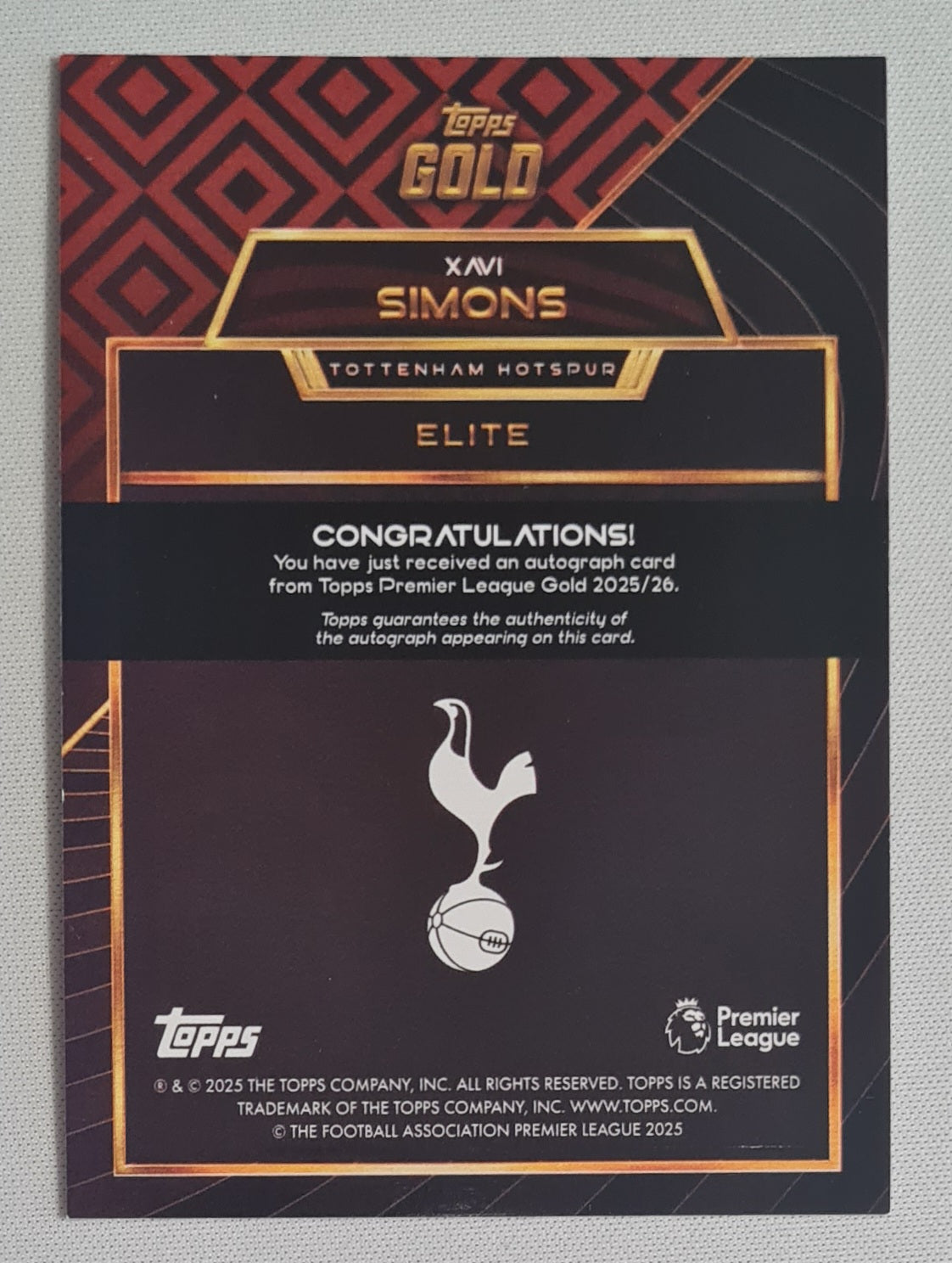 Xavi Simons - 2025 Topps Gold Premier League Tottenham Hotspur ELITE /25 /Autograph