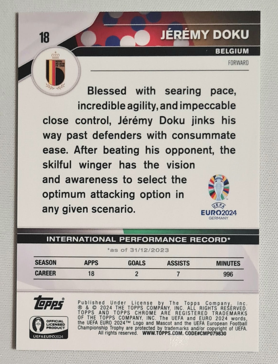 Jermey Doku - 2024 Topps Chrome Euro 2024  #18