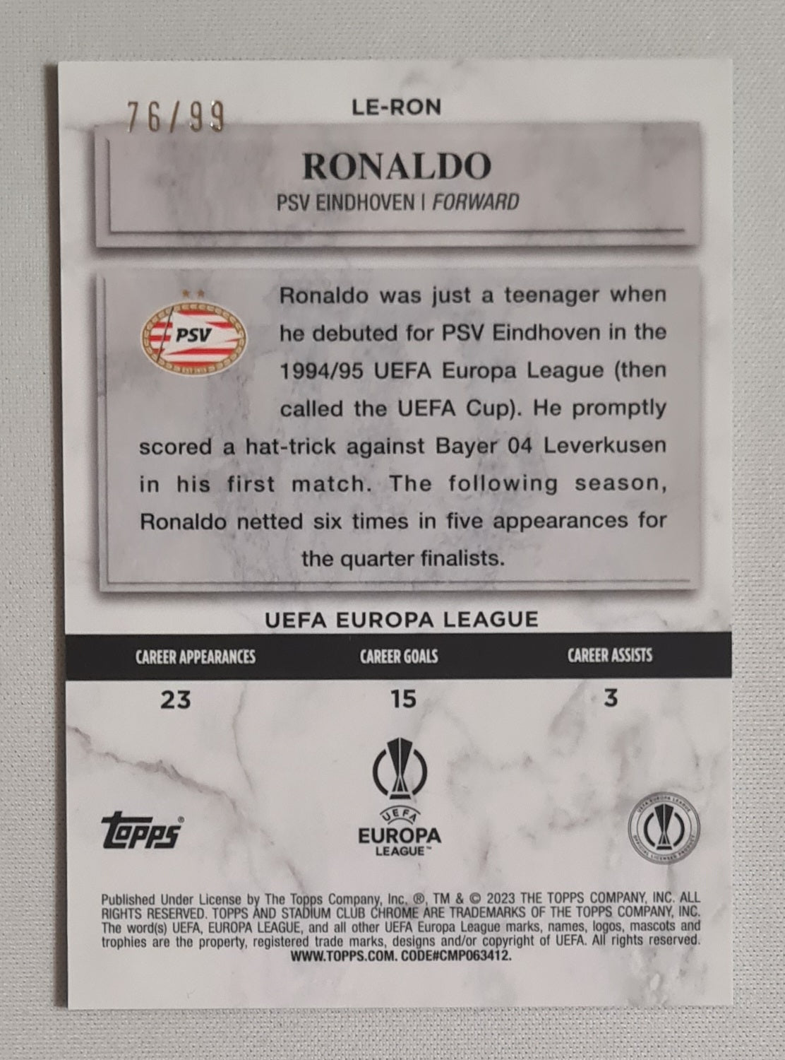 Ronaldo - 2023 Topps Chrome Stadium Club Legends of Europe PSV Eindhoven #LE-RON Green /99