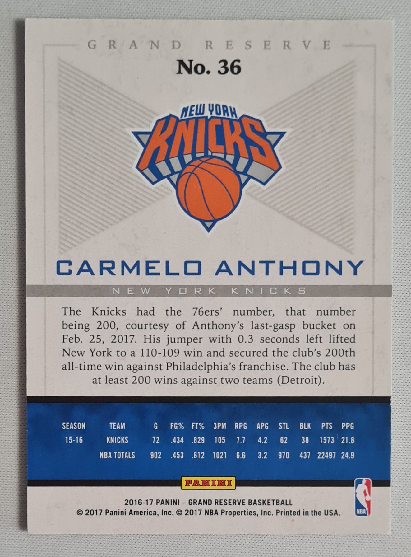 Carmelo Anthony - 2016/17 Panini Grand Reserve Basketball NBA NY Knicks #36