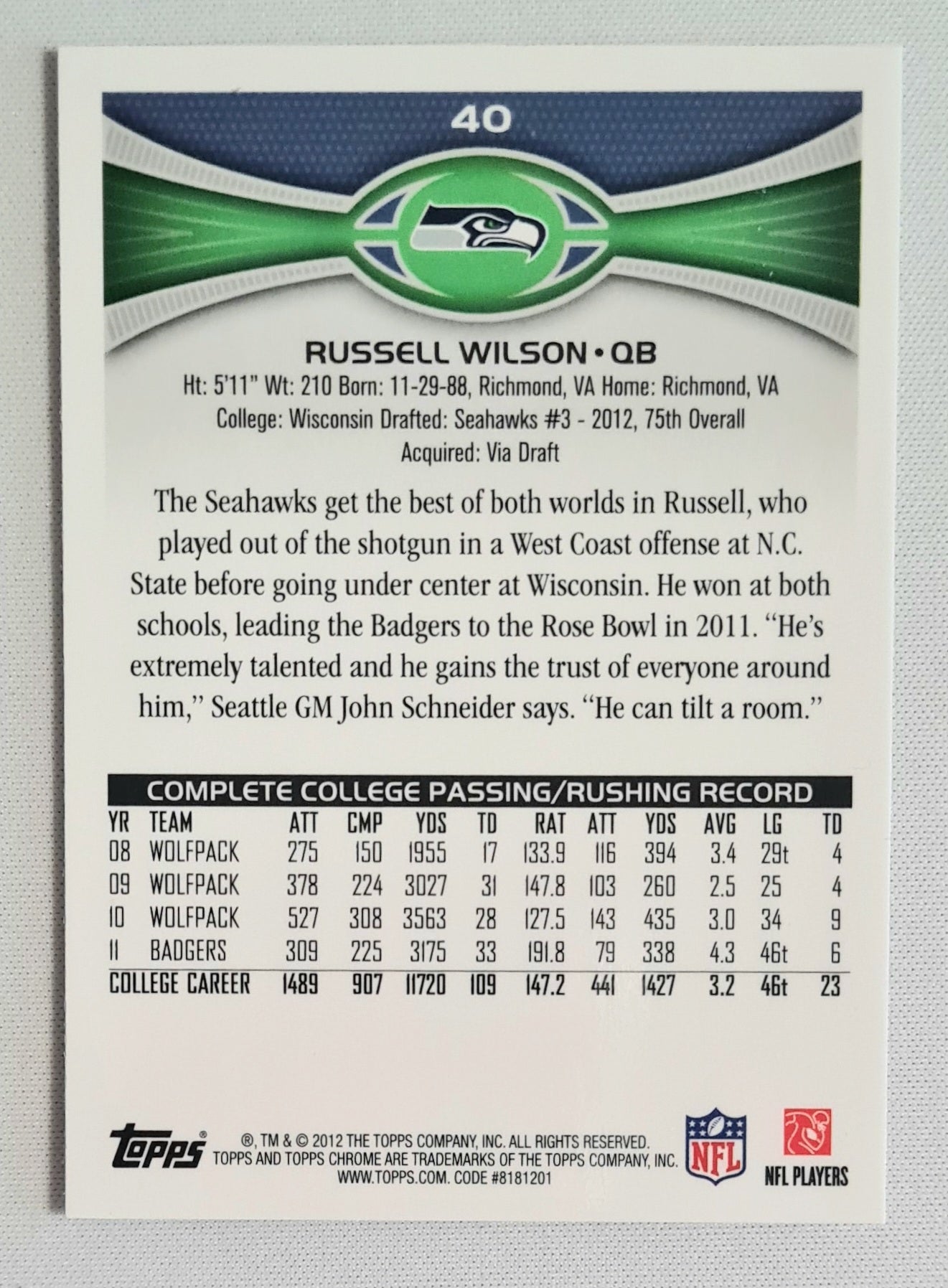 Russell Wilson - 2012 Topps Chrome Football NFL Seattle Seahawks (RC) #40