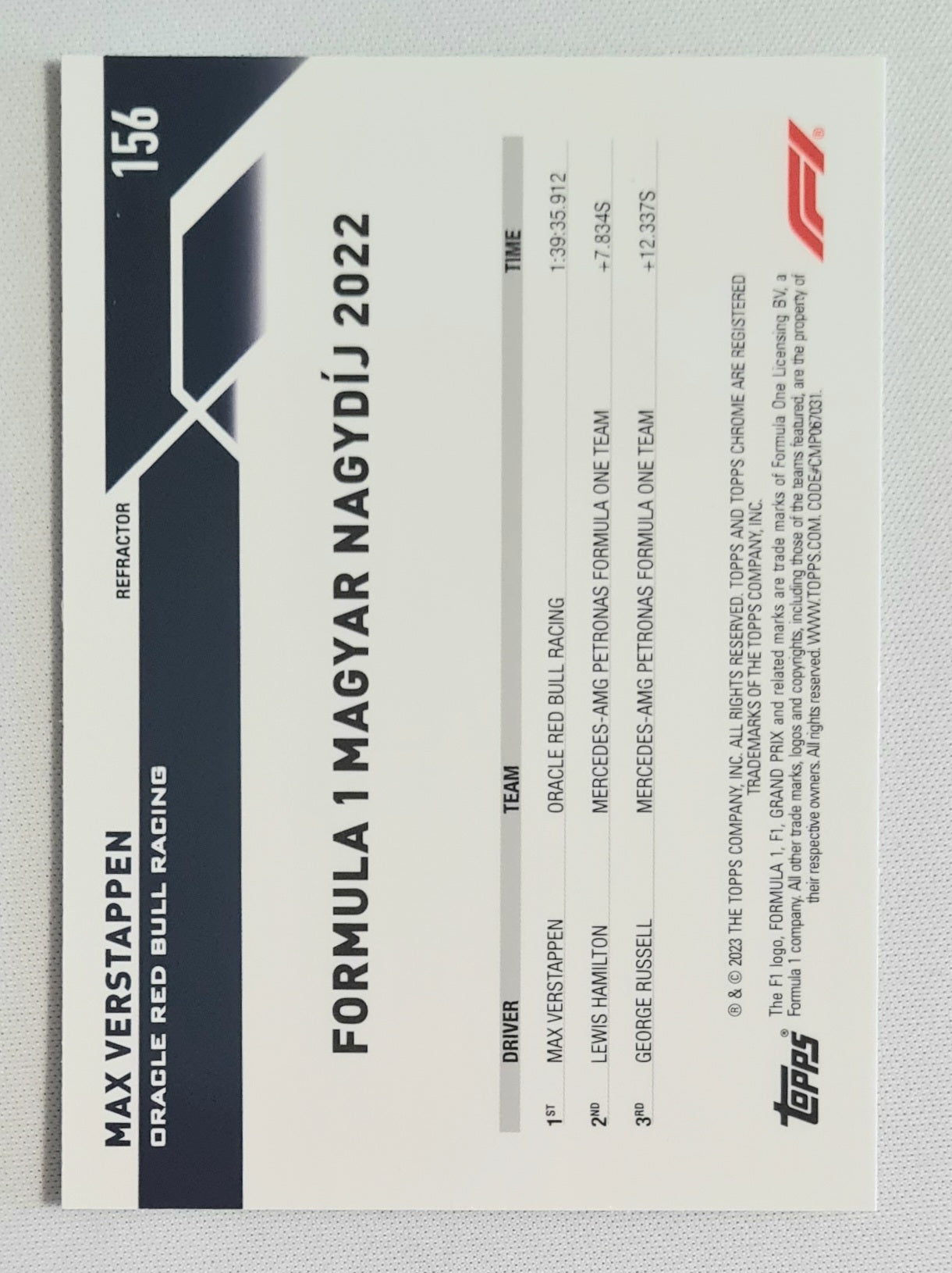 Max Verstappen - 2023 Topps F1 Oracle Red Bull Racing Formula 1 Magyar Nagydij 2022 #156