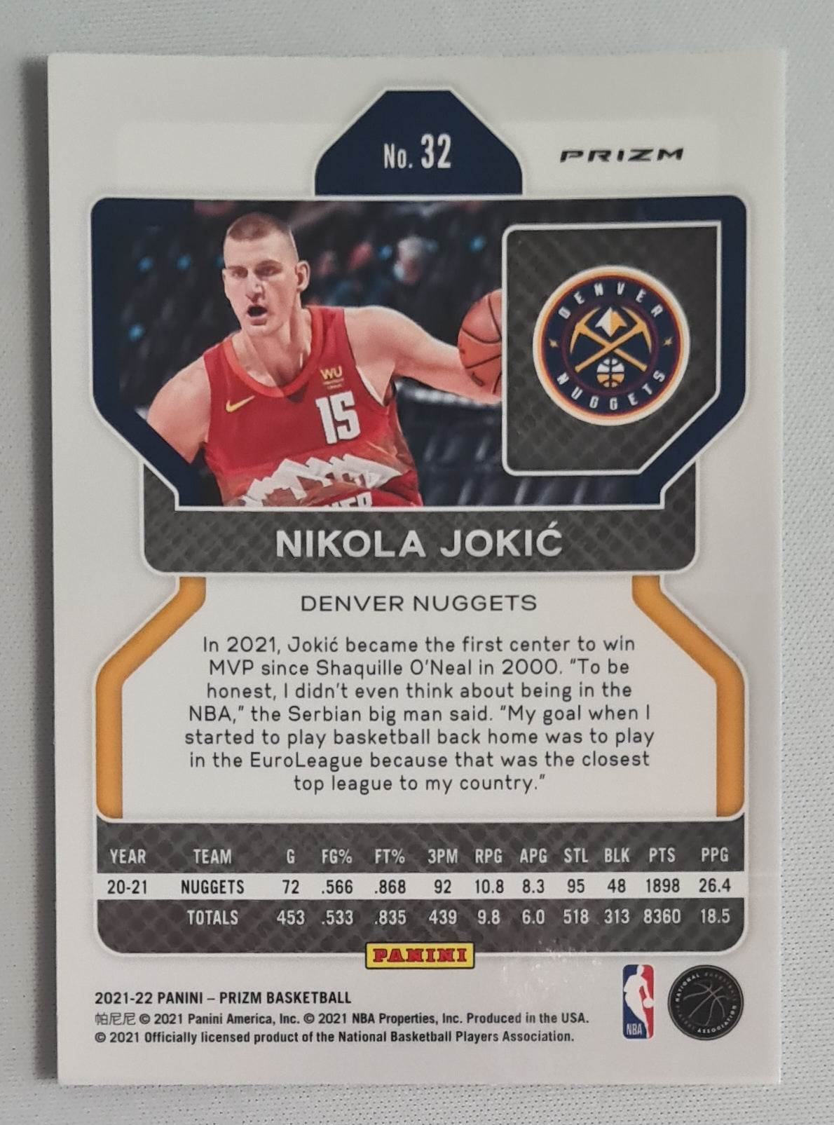 Nikola Jokic - 2021/22 Panini Prizm Basketball Denver Nuggets #32 Silver Cracked Ice