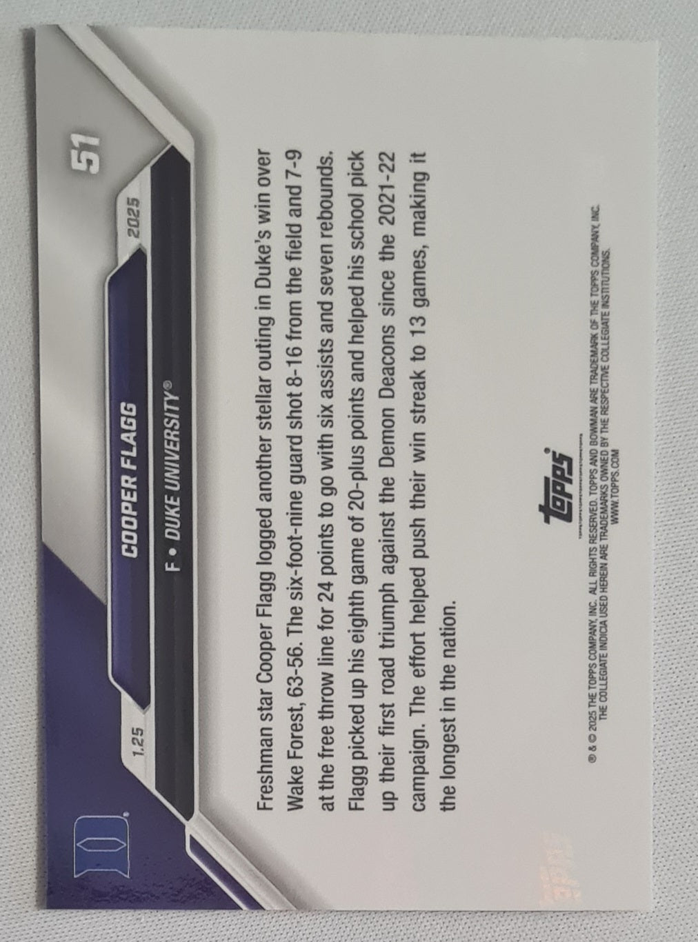 Cooper Flagg - 2025 Topps Now Basketball Duke University #51