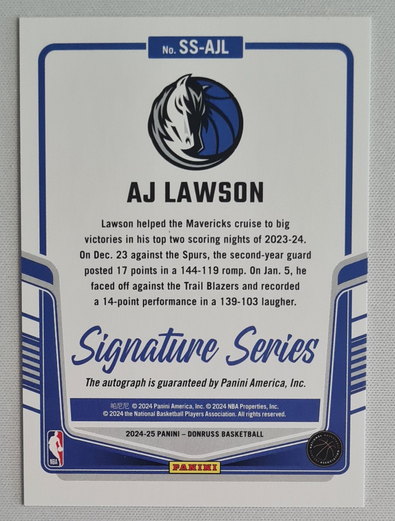 AJ Lawson - 2024/25 Panini Donruss Basketball NBA Dallas Mavericks Signature Series #SS-AJL /Auto