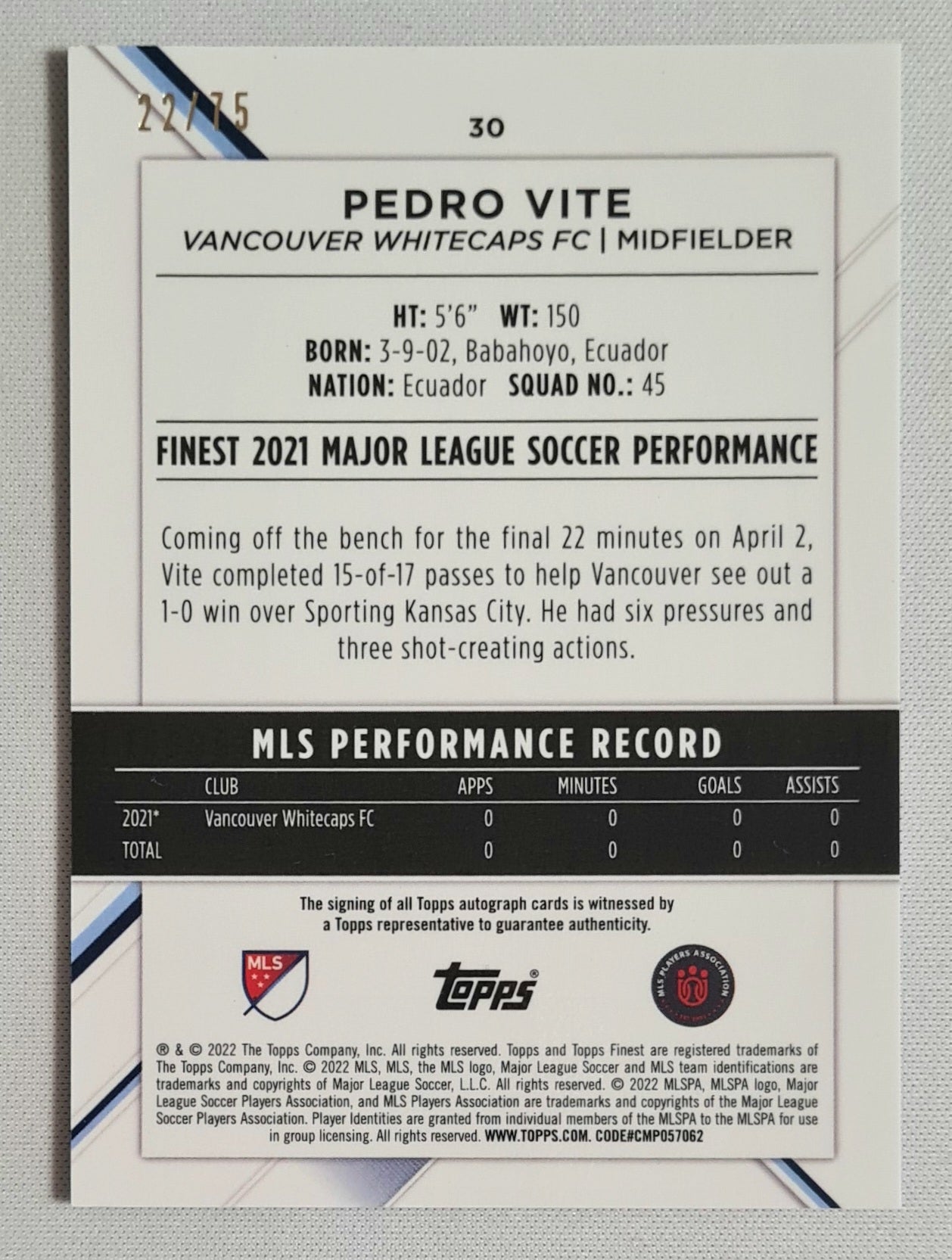 Pedro Vite - 2022 Topps Finest Vancouver Whitecaps FC (RC) #30 /75 /Autograph